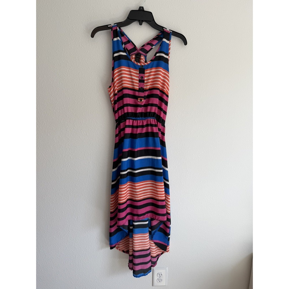 Fun & Flirt Striped High-Low Dress Blue Pink Orange Size M Sleeveless Racerback